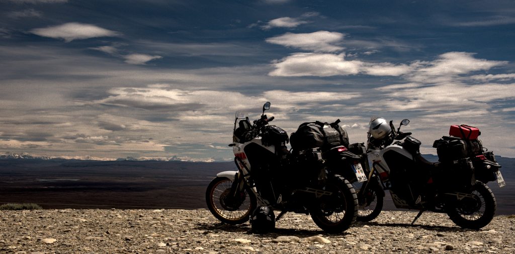 two motorcycles at the view point before el calafate with fitz roy in the background